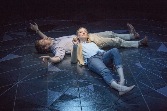 Christian Coulson stars as Roland and Victoria Frings as Marianne in Nick Payne’s Constellations, directed by Richard Seer, April 9 – May 8, 2016 at The Old Globe. Photo by Jim Cox.