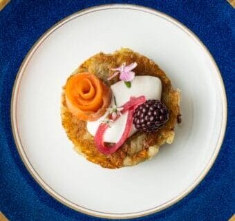 BOLD BITES: Latkes with Smoked Salmon, Pickled Blackberry, and Wasabi Cream